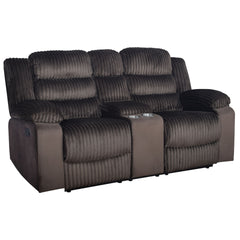 The Willow Dual Reclining Console Loveseat offers sturdy hardwood and plywood frames with durable motion mechanisms for long-lasting comfort. Wrapped in ultra-soft chocolate brown 100% polyester fabric with plush ribbed upholstery. Supportive springs and 