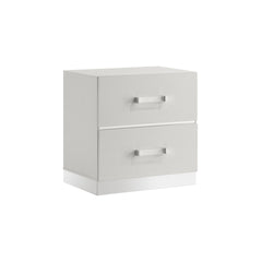 The Europa 2 Drawer Nightstand in white combines sleek, modern design with practical functionality. This nightstand features a gleaming white finish, mylar accents, and acrylic drawer pulls for a sophisticated look. Constructed with eco-friendly manufactu