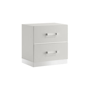 The Europa 2 Drawer Nightstand in white combines sleek, modern design with practical functionality. This nightstand features a gleaming white finish, mylar accents, and acrylic drawer pulls for a sophisticated look. Constructed with eco-friendly manufactu
