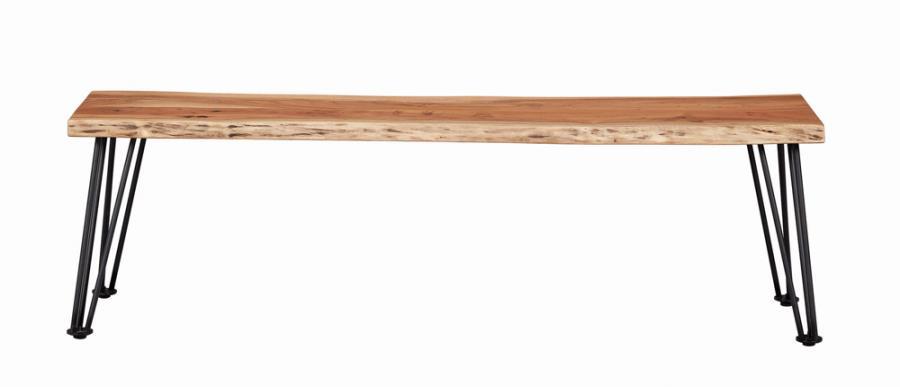 The perfect marriage of rustic charm and industrial design, this rectangular dining bench makes a modern statement. Designed with natural acacia, the bench top features an exposed wood grain with slight distressing. Contrasting against this warmth is the 