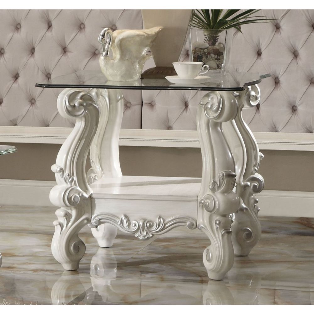 KD, Square End Table w/Glass Top â€¢ Open Compartment: Bottom Shelf â€¢ 10mm Clear Tempered Glass w/Beveled â€¢ Oversized Scrolled Legs & Shelf Apron: Poly Resin with Antique Constrast Finish<br/><br/><b>Product Features</b><ul><li>Exclusive Design</li><l