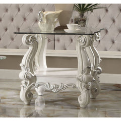KD, Square End Table w/Glass Top â€¢ Open Compartment: Bottom Shelf â€¢ 10mm Clear Tempered Glass w/Beveled â€¢ Oversized Scrolled Legs & Shelf Apron: Poly Resin with Antique Constrast Finish<br/><br/><b>Product Features</b><ul><li>Exclusive Design</li><l