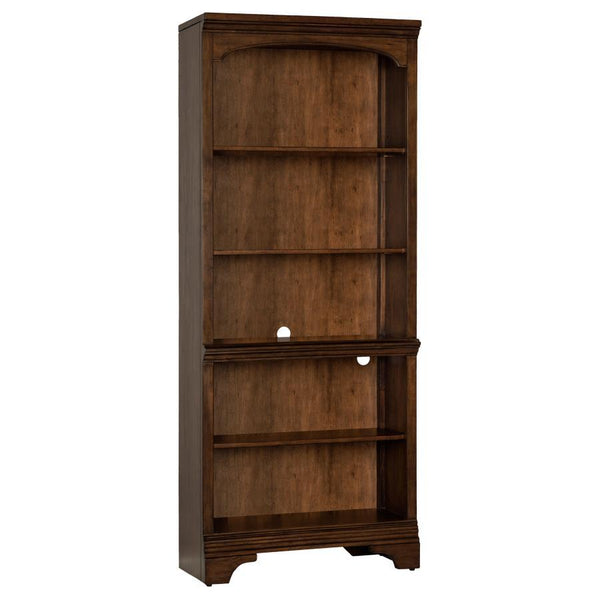 A traditional style bookcase is an elegant addition to offices and home libraries. This piece features five roomy shelves with plenty of space to arrange your favorite novels. Elegant detailing includes a stacked design on the top of the frame with a curv