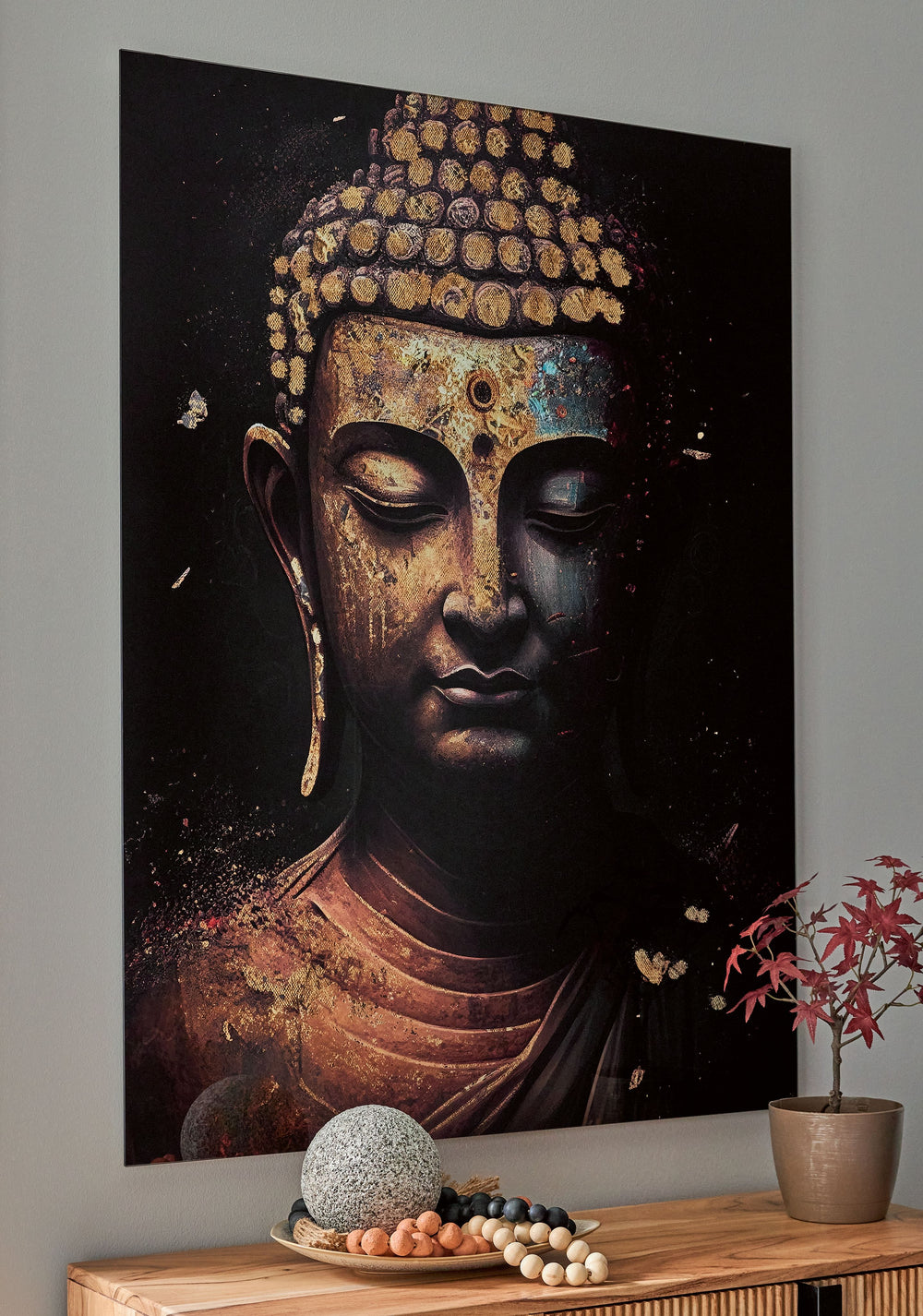This glass wall art is the perfect addition to a tranquil space. With muted, calming shades of black, teal, rust and gold, this contemporary take on the meditating Buddha instills instant serenity in your home.<br/><br/><b>Product Features</b><ul><li>Prin