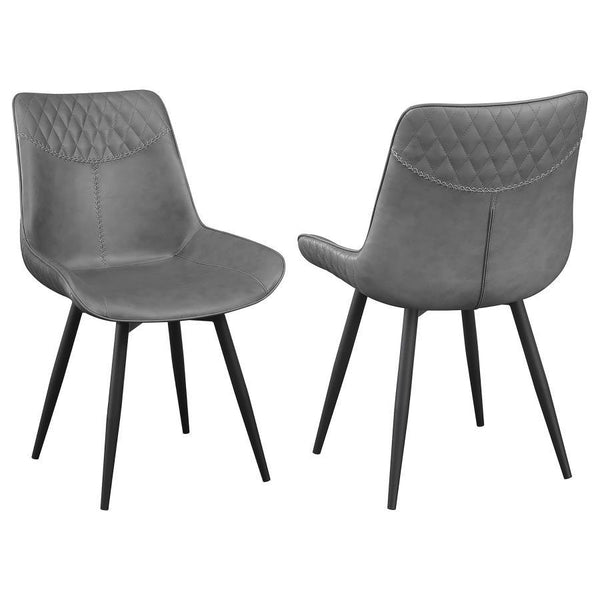 Bringing together mid-century modern elegance and contemporary comfort, this swivel dining chair is a stylish statement piece. Wrapped in soft grey fabric upholstery, its scooped seat and plush padding provide exceptional comfort. The quilted detailing on