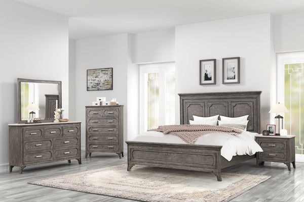Experience the epitome of luxury with the Lisbon 6 Piece Bedroom Suite in Gray. Crafted from Acacia solid wood and eco-friendly embossed oak laminate, this suite is designed for lasting strength and durability. Its multi-step gray finish enhances the inna