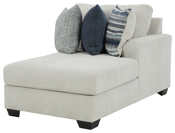 This right-arm facing corner chaise is made with polyester upholstery. Pairs with other items in the series to make a sectional.<br><br><b>Additional Dimensions</b><br><ul><li>Arm height: 26-"</li><li>Seat depth: 21-"</li><li>Seat height: 21-"</li><li>Top