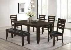 Offering flexible seating and a timeless aesthetic, this dining set includes a plank-style dining table, matching chairs, and a coordinating bench. The solid wood construction ensures durability, while the ladder-back chairs and padded bench provide comfo