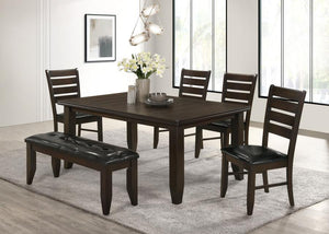 Offering flexible seating and a timeless aesthetic, this dining set includes a plank-style dining table, matching chairs, and a coordinating bench. The solid wood construction ensures durability, while the ladder-back chairs and padded bench provide comfo