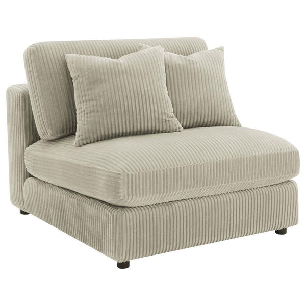 Instill cozy and inviting energy in your den or living room with a modern armless chair. Plush and comfortable, it features soft cushions and wide wale corduroy style upholstery in a soft neutral hue, perfect for augmenting existing seating. The seat and 