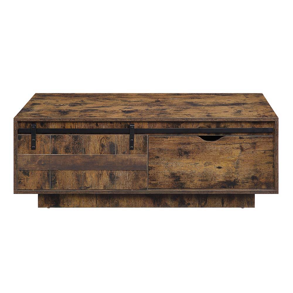Acme Bellarosa rustic oak finish coffee table<br/><br/><b>Product Features</b><ul><li>Occasional Tables</li><li>Storage: Sliding Barn Door (Coffee with 1 Drawer)</li><li>Wooden Case-Frame</li><li>Wooden Base</li></ul><br/>