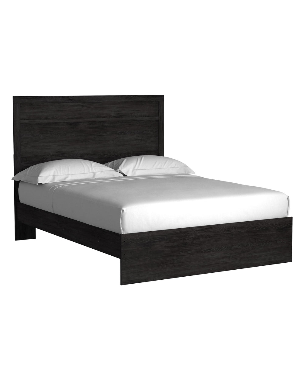 With its clean-lined look and modern attitude, this queen panel bed is a fresh style awakening. Warm charcoal hue over replicated oak grain easily complements other furniture finishes. Simple, unadorned profile is given depth and dimension with the additi