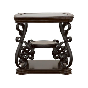This elegant end table brings a blend of classic style and practicality to any living space. The clear tempered glass top offers a durable and polished surface, complemented by ornate scrollwork on the dark bronze powder-coated metal legs. The dark merlot