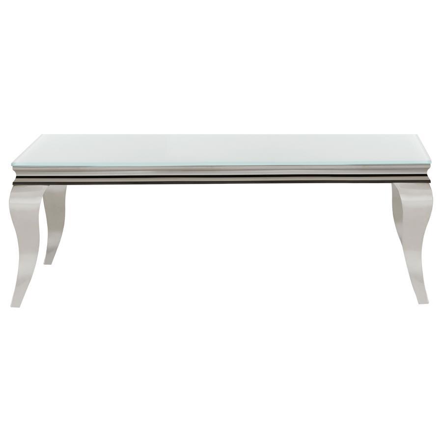 This coffee table showcases modern glam and functional sophistication with its tempered beveled glass top and polished stainless steel cabriole legs. The reflective finish and beautifully curved Queen Anne style legs offer a striking blend of timeless ele
