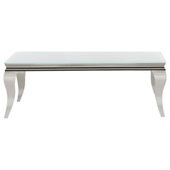 This coffee table showcases modern glam and functional sophistication with its tempered beveled glass top and polished stainless steel cabriole legs. The reflective finish and beautifully curved Queen Anne style legs offer a striking blend of timeless ele