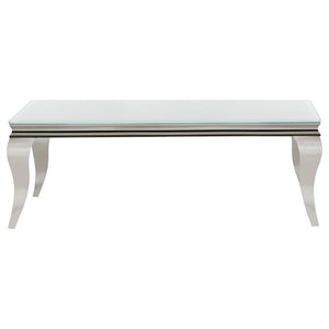 This coffee table showcases modern glam and functional sophistication with its tempered beveled glass top and polished stainless steel cabriole legs. The reflective finish and beautifully curved Queen Anne style legs offer a striking blend of timeless ele