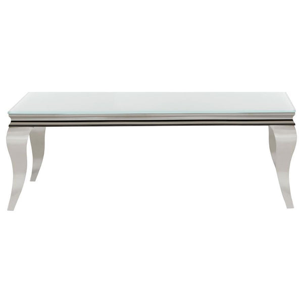 This coffee table showcases modern glam and functional sophistication with its tempered beveled glass top and polished stainless steel cabriole legs. The reflective finish and beautifully curved Queen Anne style legs offer a striking blend of timeless ele