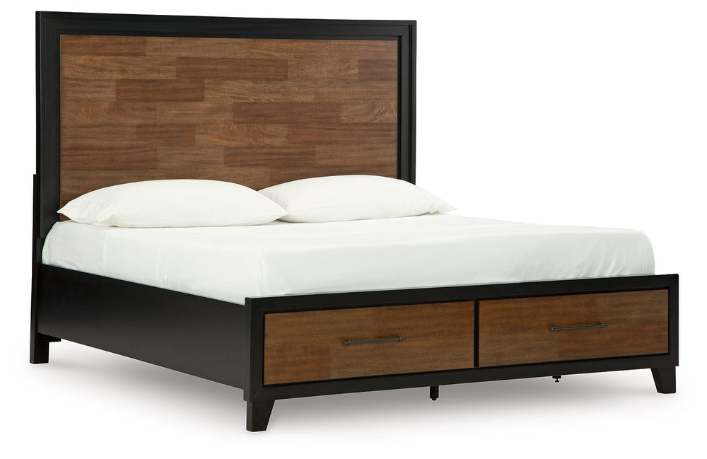 Experience the captivating allure of this king panel storage bed, an effortless blend of casual and refined aesthetics. Its two-tone finish combines satin black with a rich brown wood tone for a modern, relaxed vibe that you-'ll love waking up to. Perfect