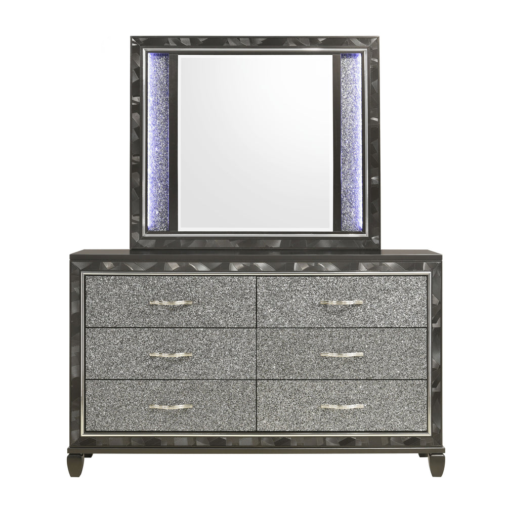 Experience sophistication and functionality with the Radiance Dresser & Mirror in Black. Crafted with a blend of Solid Rubberwood and manufactured woods, this set ensures unmatched stability and durability. The semi-gloss lacquer black pearl finish adds a