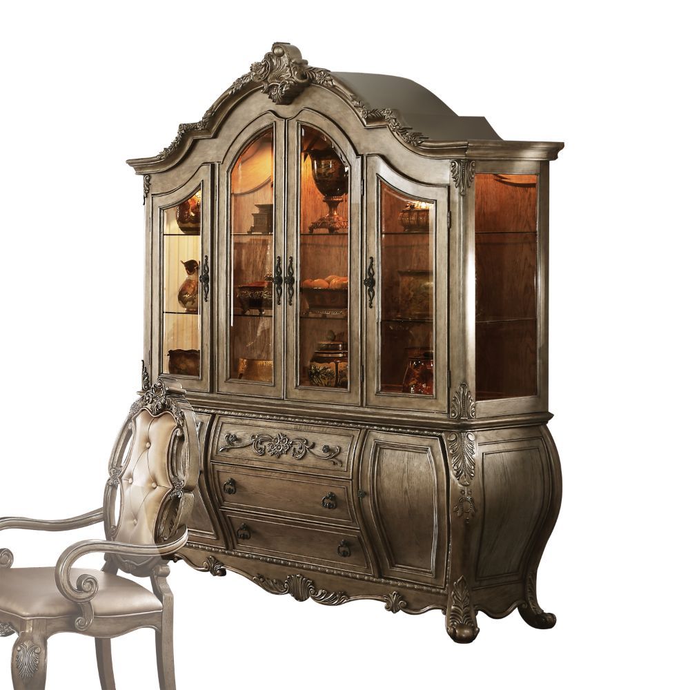Hutch & Buffet Hutch: Touch Light, 4 Glass Doors (2 glass Shelves Inside) Buffet: 3 Drw & 2 Wooden Doors (1 Shelf Inside) Drawer: GLIDE Side Metal (Full Ext), DOVETAIL French Front & English Back, Felt-Lined Top Drawer, Safety Stop Included<br/><br/><b>Pr