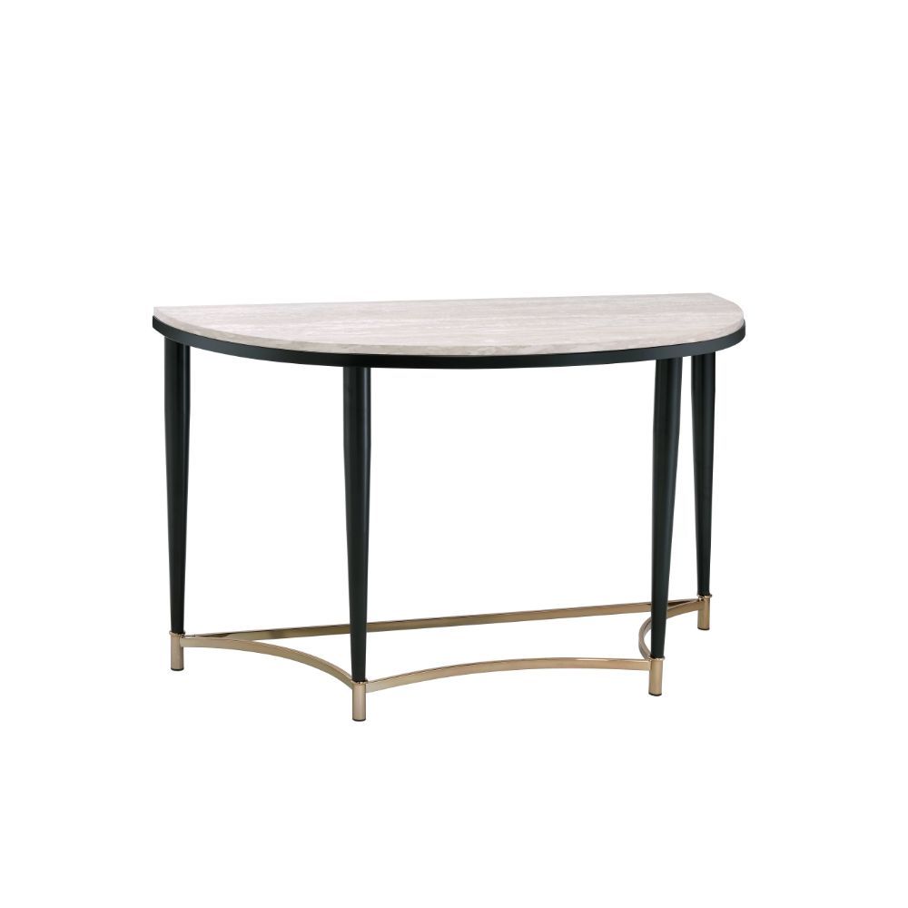 KD, Half-Moon Sofa Table â€¢ NO Storage â€¢ Wooden Top, Metal Tapered Leg â€¢â€¢ CONSTRUCTION] Wooden Top: Veneer (Paper)+ PB â€¢ Metal Apron Trim â€¢ Metal Sled Base: Black Finish, Metal Tube (Arched 4-Crossbars Supports: Gold Finish)<br/><br/><b>Product