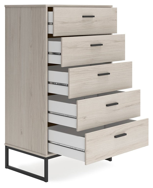  this chest of drawers is inspired by chic design. A light natural finish over replicated oak grain offers an authentic touch to this so-cool piece. It beautifully blends the hues of natural living with the edginess of your modern lifesty