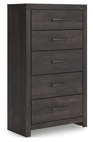This chest of drawers puts a casually chic twist on everyday function. Its rustic charcoal finish pairs well with other neutrals and pops of color alike, giving you the flexibility to change up your aesthetic as you please. Smooth-gliding drawers keep clo