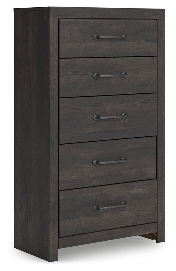This chest of drawers puts a casually chic twist on everyday function. Its rustic charcoal finish pairs well with other neutrals and pops of color alike, giving you the flexibility to change up your aesthetic as you please. Smooth-gliding drawers keep clo