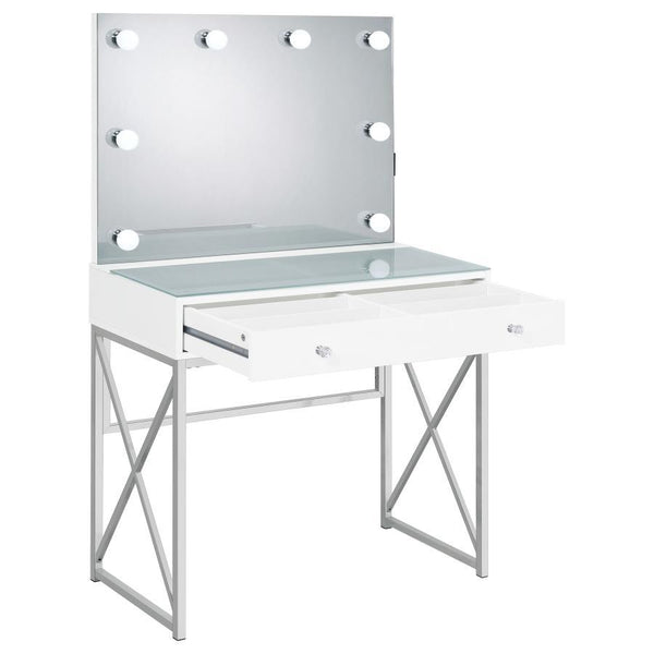  the vanity shows off a bright white finish with a large drawer for stashing your daily necessities. On top