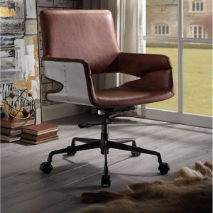 KD, Executive Arm Office Chair Seat: Swivel (360 Degrees), Adjustable Height (Pneumatic Lift), Square Shape Padded Seat & Back: Top Grain Leather (Vintage Pattern) Backrest: Padded Inside, Aluminum Patchwork & Nail-head Trim Outside (Open Base) Armrest: P