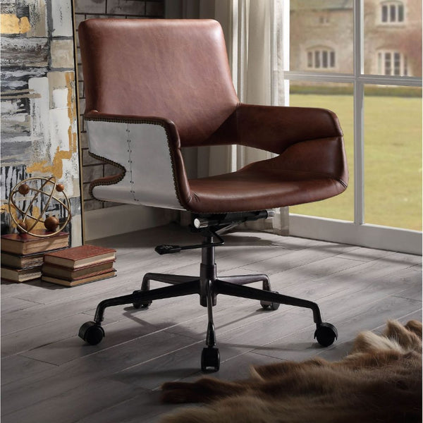 KD, Executive Arm Office Chair Seat: Swivel (360 Degrees), Adjustable Height (Pneumatic Lift), Square Shape Padded Seat & Back: Top Grain Leather (Vintage Pattern) Backrest: Padded Inside, Aluminum Patchwork & Nail-head Trim Outside (Open Base) Armrest: P