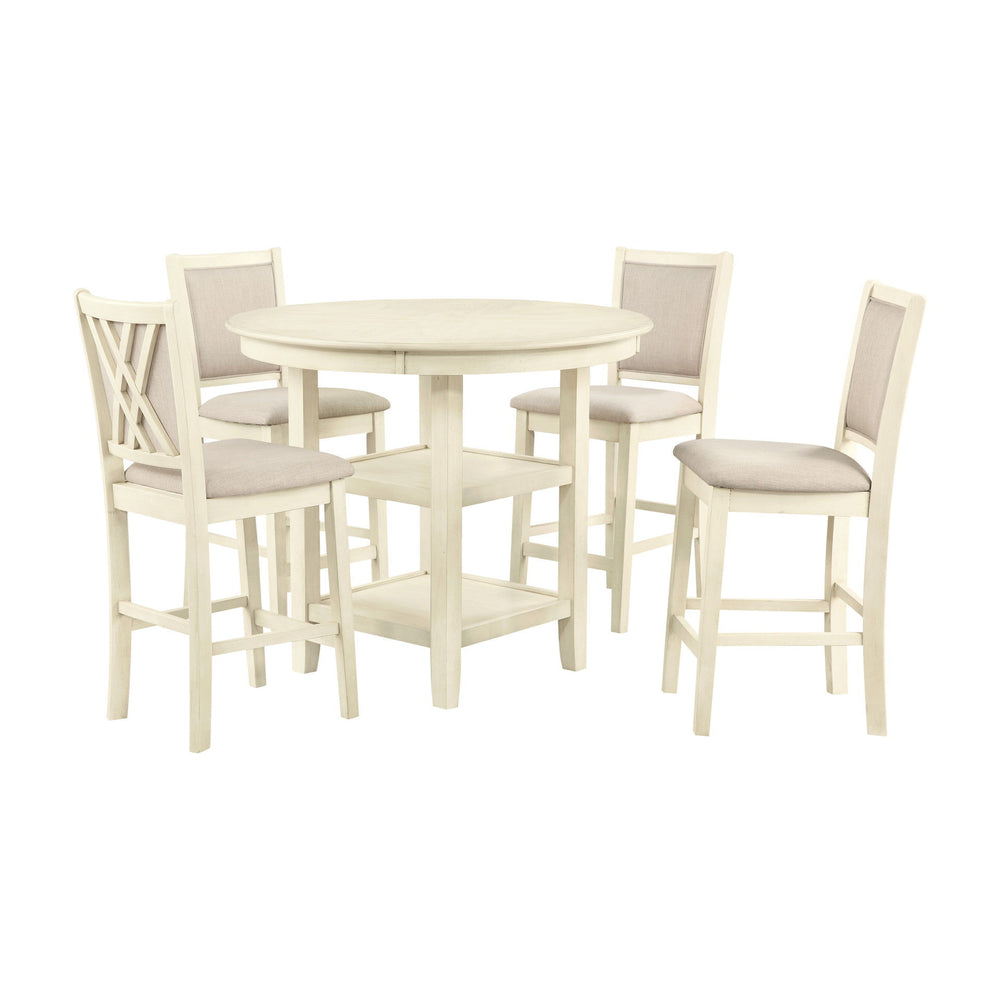The Amy 5-piece counter dining set is meticulously crafted of solid Rubberwood and Mindi veneers creating a durable and visually appealing dining set. The farmhouse bisque finish, achieved through a multistep process, gracefully adorns both the chairs and
