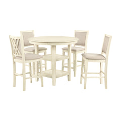 The Amy 5-piece counter dining set is meticulously crafted of solid Rubberwood and Mindi veneers creating a durable and visually appealing dining set. The farmhouse bisque finish, achieved through a multistep process, gracefully adorns both the chairs and