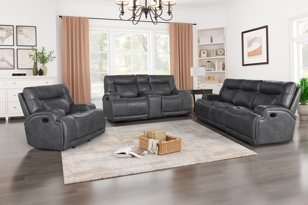 The Titan 3 Piece Motion Upholstery Set in gray, which includes a reclining sofa, console loveseat, and glider recliner, is meticulously designed for durability and comfort. Each piece is built with hardwood plywood and engineered wood frames, supporting 