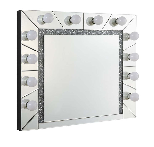  the Noralie Hollywood mirror. Sitting in front of this mirror will motivate you to try new looks and techniques with your makeup application. The gleaming faux diamond trim glimmers when the bulbs