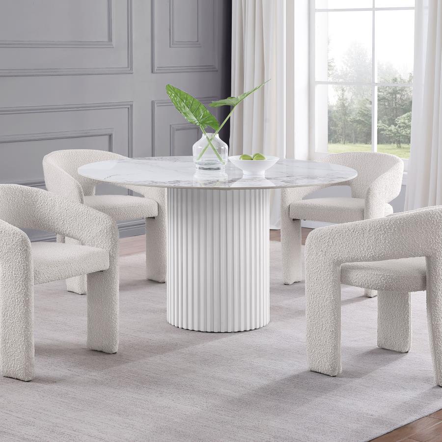 Bring polished sophistication and lasting durability to your kitchen or dining room with a modern dining table. It-'s crafted from sintered stone, a synthetic surface crafted from minerals exposed to heat to create an authentic look for white marble. Subt