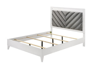 Sleep in style with this modern Chelsie bedroom collection. The sturdy bed is a focal point on its own with its gray channel-tufted headboard and tapered legs. Add depth and reflect light with its silver trim that is featured throughout the bed and case g