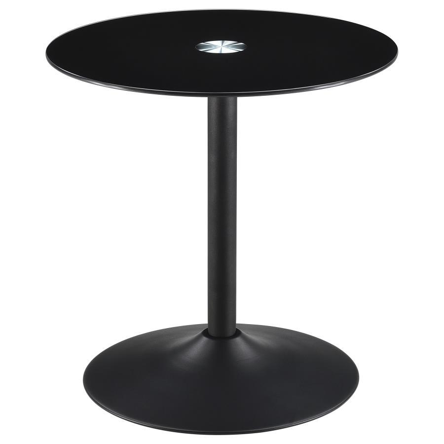 This modern end table features a round black tempered glass top, offering a sleek and durable surface. Its metal tulip base, coated in a black powder finish, delivers both stability and contemporary appeal. Compact and versatile, this side table is perfec