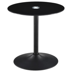 This modern end table features a round black tempered glass top, offering a sleek and durable surface. Its metal tulip base, coated in a black powder finish, delivers both stability and contemporary appeal. Compact and versatile, this side table is perfec