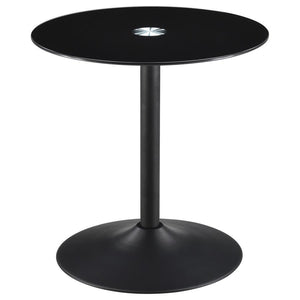 This modern end table features a round black tempered glass top, offering a sleek and durable surface. Its metal tulip base, coated in a black powder finish, delivers both stability and contemporary appeal. Compact and versatile, this side table is perfec