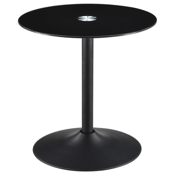 This modern end table features a round black tempered glass top, offering a sleek and durable surface. Its metal tulip base, coated in a black powder finish, delivers both stability and contemporary appeal. Compact and versatile, this side table is perfec