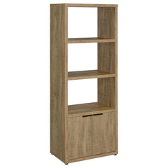 The best of both worlds, a charming media tower bookcase adds both open display space and hidden storage in your inviting living room. Featuring a melamine paper finish that resembles mango wood, complete with roughhewn saw marks for a realistic, textured