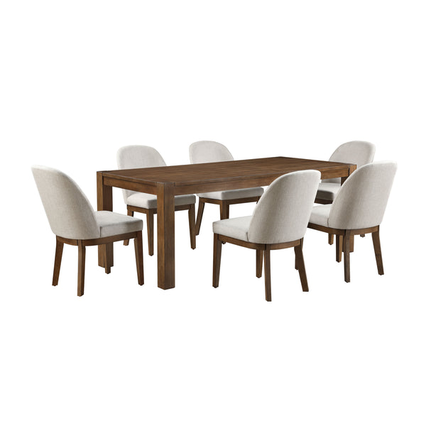  featuring a 78" dining table and 6 side chairs in a rich chestnut brown finish. Crafted from durable rubberwood solids and birch veneers