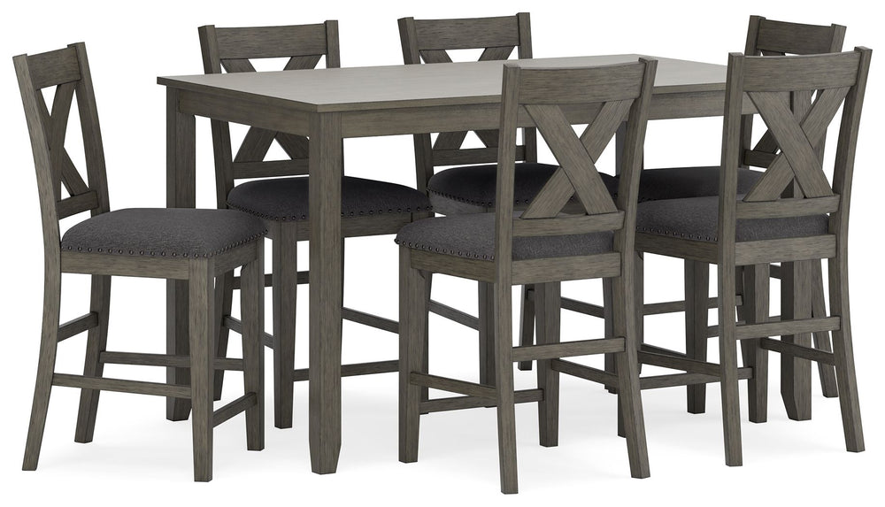 Perfect portion. Striking a simply chic pose, this counter height dining set is crafted with fascinating flair. A subtle gray wash finish gives the clean-lined design a casually cool sensibility. Plushly cushioned seats in a soft, neutral upholstery add t