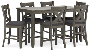 Perfect portion. Striking a simply chic pose, this counter height dining set is crafted with fascinating flair. A subtle gray wash finish gives the clean-lined design a casually cool sensibility. Plushly cushioned seats in a soft, neutral upholstery add t