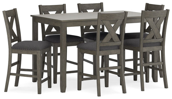 Perfect portion. Striking a simply chic pose, this counter height dining set is crafted with fascinating flair. A subtle gray wash finish gives the clean-lined design a casually cool sensibility. Plushly cushioned seats in a soft, neutral upholstery add t