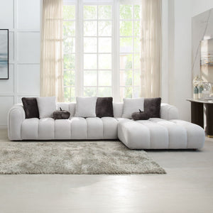 Manilla - Sectional Sofa With 8 Pillows - Ivory White Linen<br/><br/><b>Product Features</b><ul><li>Seat Construction: Pocket Coil</li><li>Wooden Inner Frame</li><li>Tight Seat & Back Cushion</li><li>Channel Tufted</li><li>Accent Pillows Included</li></ul