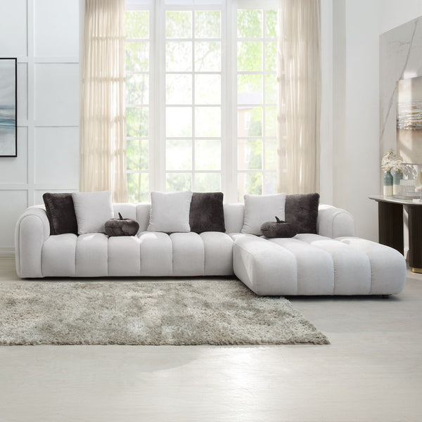 Manilla - Sectional Sofa With 8 Pillows - Ivory White Linen<br/><br/><b>Product Features</b><ul><li>Seat Construction: Pocket Coil</li><li>Wooden Inner Frame</li><li>Tight Seat & Back Cushion</li><li>Channel Tufted</li><li>Accent Pillows Included</li></ul