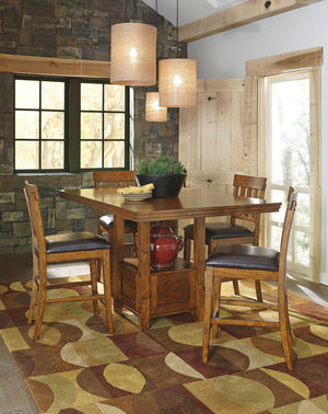 Made with select acacia veneers and hardwood solids. Gently distressed and burnished dark brown finish. D594-35 has a planked table design with thick-look tops and butterfly leaf. Seat covers in brown faux leather. Server features a working drawer along w