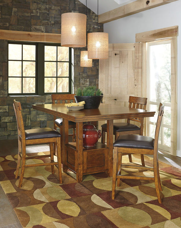 Made with select acacia veneers and hardwood solids. Gently distressed and burnished dark brown finish. D594-35 has a planked table design with thick-look tops and butterfly leaf. Seat covers in brown faux leather. Server features a working drawer along w